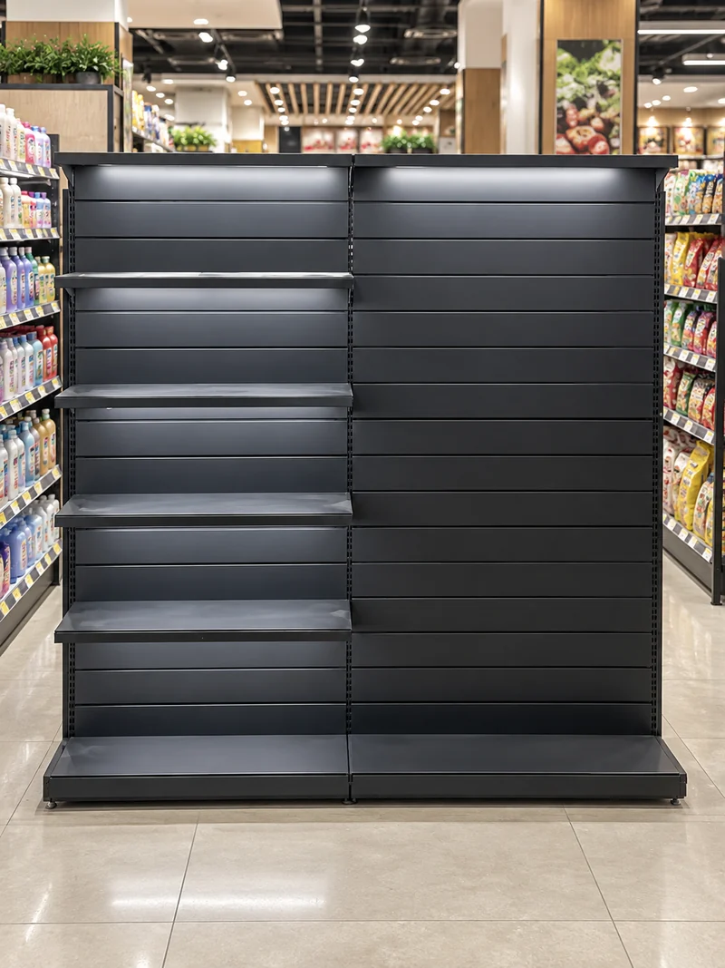 Expositor preto com painel canaletado e prateleiras em um supermercado; iluminação não inclusa